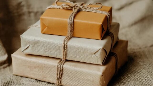 Stacked wrapped parcels with brown paper and twine rustic gift boxes motion video in sharp 4k resolution