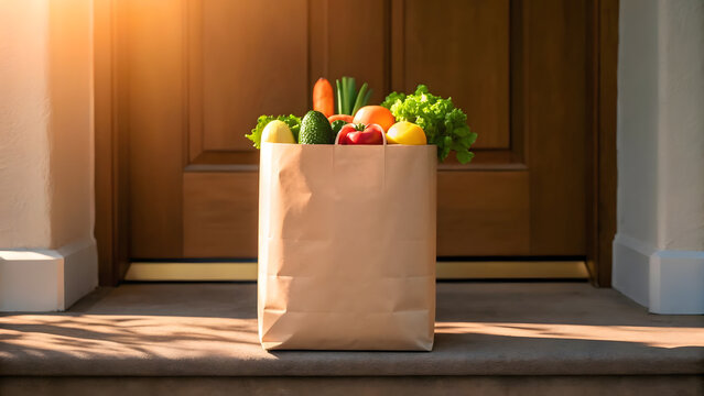 Fresh groceries delivered to a home entrance during a sunny afternoon