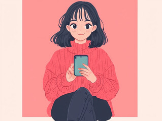 Girl with cheerful expression using smartphone, wearing pink sweater and black pants, sitting against pastel pink background