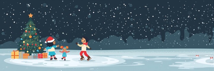 Naklejka premium Children ice skating near christmas tree with gifts under a snowy night winter landscape scene