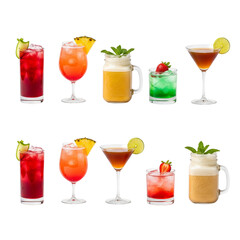 A collection of colorful and refreshing cocktails on a white background