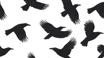 Obraz premium Seamless pattern with flying raven silhouettes on a white background. Dark aesthetic