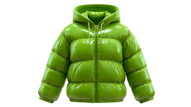 Green puffer jacket with hood, modern winter style, front view, isolated on white background, shiny nylon texture