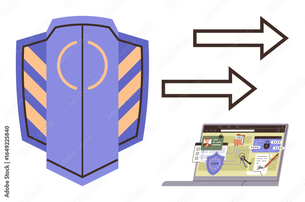 Aufkleber shield graphic paired with arrows leading to a laptop screen displaying security icons and data flow