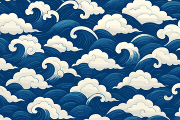 Seamless Japanese-inspired ocean wave and cloud pattern, stylized cresting waves with white fluffy clouds, deep blue and cream palette