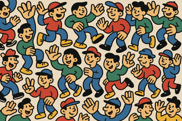 Fototapeta premium Seamless cartoon pattern of cheerful kids walking, waving, and making playful gestures, dressed in red, green, blue, and yellow with bold black outlines on beige