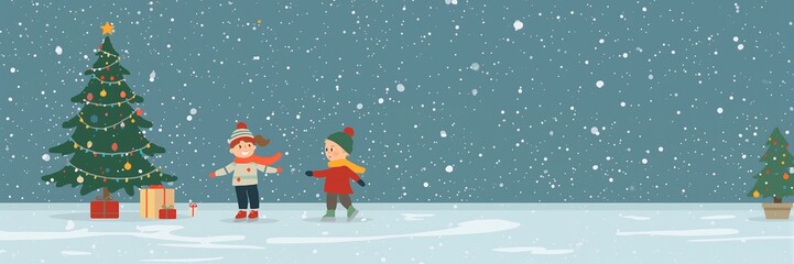 Children playing near christmas trees with gifts in a snowy winter landscape illustration scene