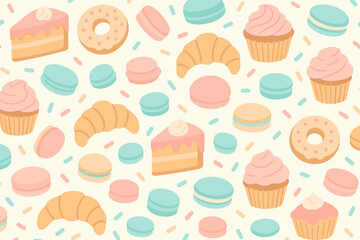 Seamless pattern of pastel bakery treats including cupcakes, donuts, macarons, croissants, and cake slices with sprinkles on a cream background