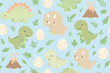 Naklejka premium Adorable seamless dinosaur pattern with cartoon T-Rex, triceratops, stegosaurus, dino eggs, volcanoes, and green leaves on light blue background