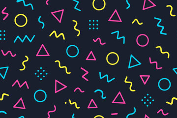 Seamless retro 80s Memphis style geometric pattern with colorful shapes on dark background