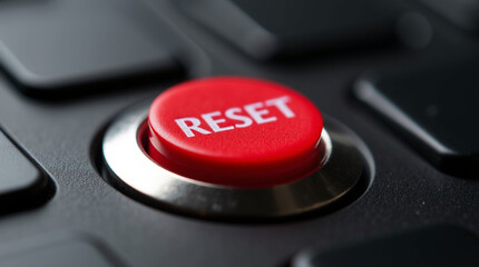A prominent red 'RESET' button on a dark, textured machine or keyboard