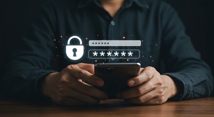 Man using smartphone with digital password and lock icon for secure online authentication