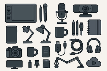 Obraz premium Digital Workspace and Content Creation Icon Set Featuring Microphone, Webcam, Drawing Tablet, Camera, and Office Accessories