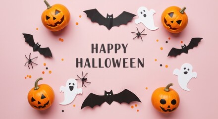 Fototapeta premium Holiday flat lay composition for Halloween on pink