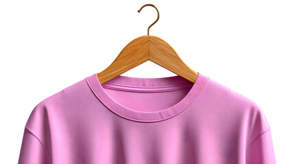 Hanging pastel pink T-shirt on wooden hanger, isolated on transparent background, light shadows, photorealistic, plain cotton material, minimal aesthetic