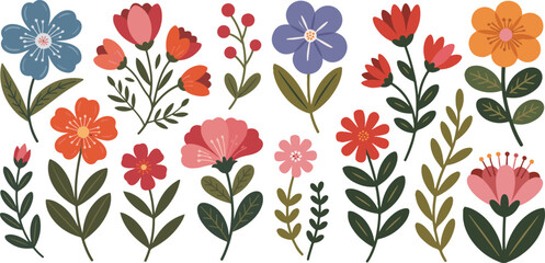 Collection of various colorful floral illustrations with green leaves