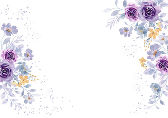 Beautiful Watercolor Border with Purple and Yellow Flowers and Splatter