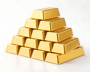 A pyramid stack of shiny gold bars on a white surface representing wealth and investment concept
