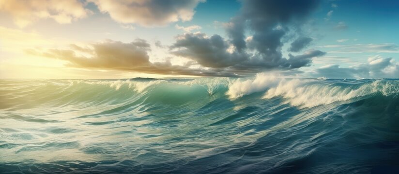 a large, powerful wave cresting in the ocean at sunset, dramatic clouds in the sky, vibrant colors of blue, green, orange, and yellow, highly detailed, photographic quality, hyper realistic, cinematic