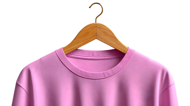 Hanging pastel pink T-shirt on wooden hanger, isolated on transparent background, light shadows, photorealistic, plain cotton material, minimal aesthetic