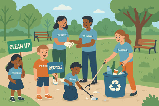 Community members engage in a park cleanup initiative while promoting recycling and environmental awareness on a sunny day - Powered by Adobe