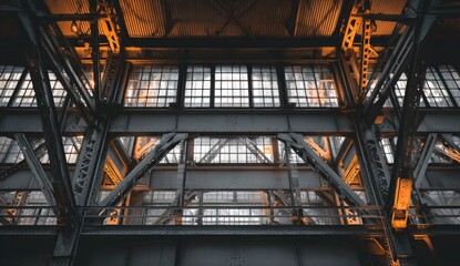 Obraz premium Industrial interior, low-angle view of a large metal building with support beams and rows of windows. Warm light filters through the windows, highlighting the structure