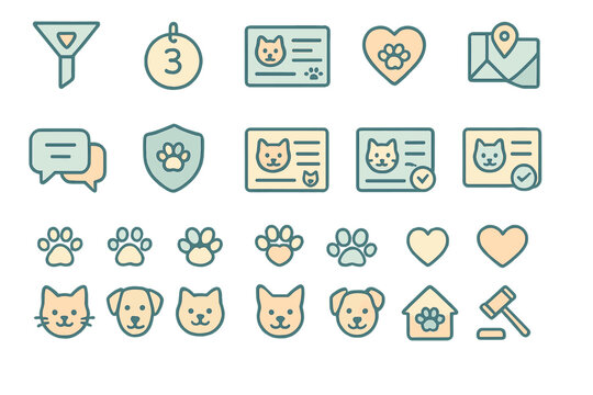 Pet care icons featuring animals, badges, and heart designs for animal welfare and adoption services