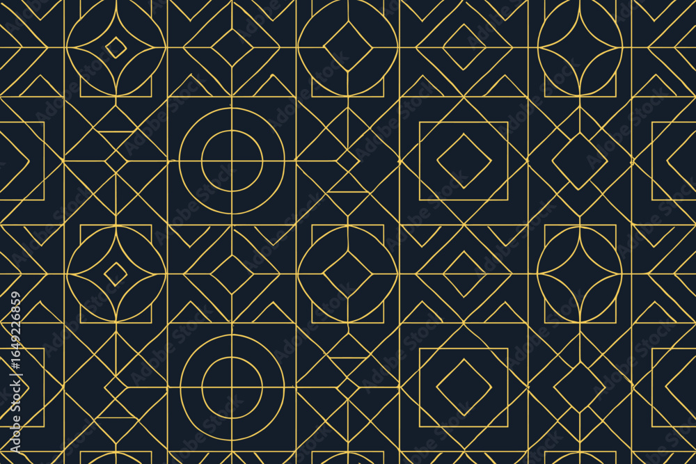 Poster modern geometric pattern featuring intricate designs in gold on a dark background suitable for vario