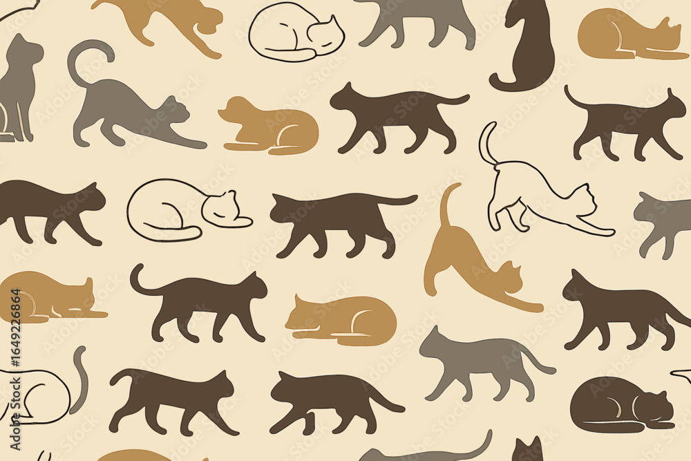 Poster various cat silhouettes in a playful pattern created on a light background showcasing diverse postur