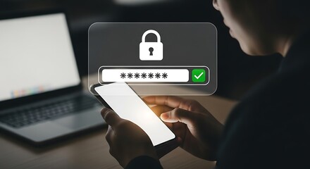 Person holding smartphone with secure password login interface displayed on screen overlay