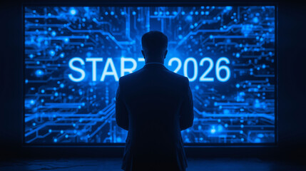 A businessman looking at a glowing "START 2026" on a futuristic blue digital interface
