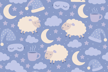 Cute sheep and dream elements create a whimsical night scene with pastel colors and comforting motifs in a cozy design