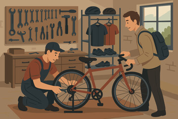 Bicycle repair shop with friendly interaction between mechanic and customer in a well-equipped workspace
