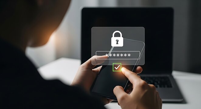Person entering password on smartphone with secure login interface overlay and laptop in background