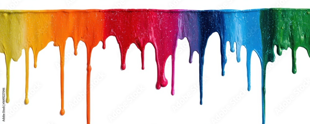 Poster vibrant multicolored paint splashes dripping down a white background creating an energetic and artis
