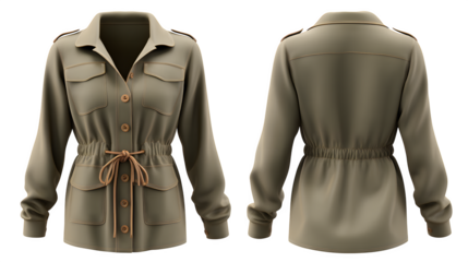 Khaki utility jacket with drawstring waist and flap pockets, front and back views, isolated on transparent background