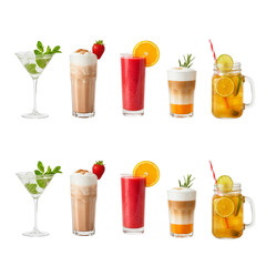 Assortment of refreshing cold drinks and cocktails on a white background