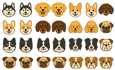 Fototapeta premium Collection of cartoon dog faces showcasing various breeds in a playful arrangement for dog lovers