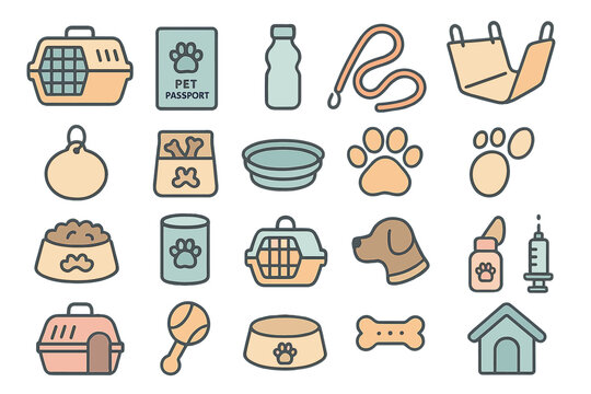 Collection of pet-related items for animal travel and care displayed in a colorful arrangement