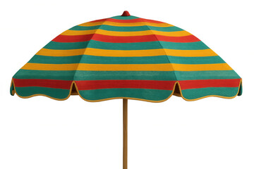 Colorful striped beach umbrella providing protective shade, standing against transparent backdrop with sunny summer vibes