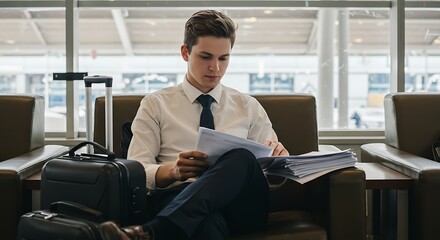 Focused businessman reviewing paperwork before his flight in a modern airport terminal.