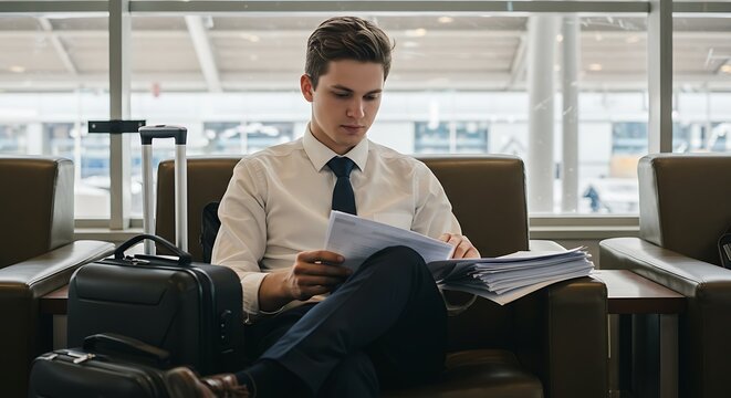 Focused businessman reviewing paperwork before his flight in a modern airport terminal.