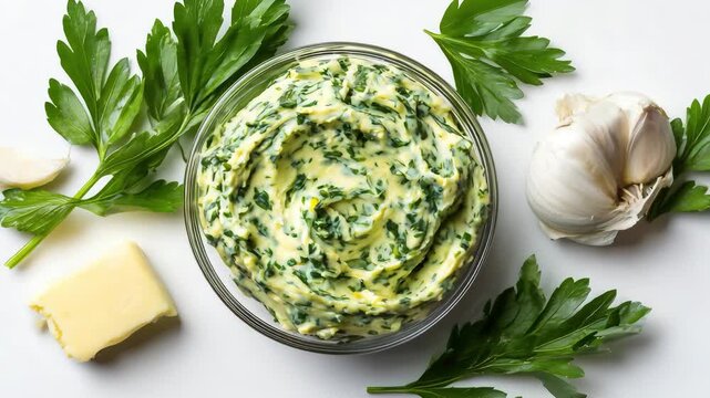 herb butter in bowl close up 4k motion video featuring fresh parsley garlic blend and creamy dairy texture animation