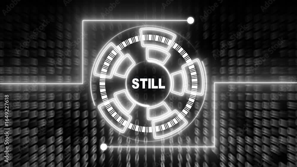 Poster futuristic neon circle interface with digital matrix background and word still technology