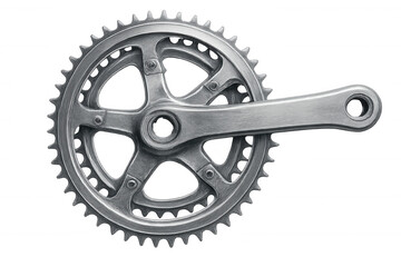 Metallic bicycle crankset rotating, generating power and transmitting force to the drivetrain, isolated on transparent background
