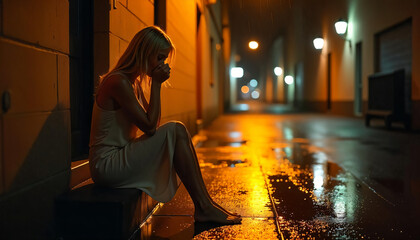 The girl was heartbroken and sad on the night after the rain.