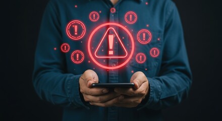 Man holding smartphone with warning signs indicating alert or notification on mobile device screen