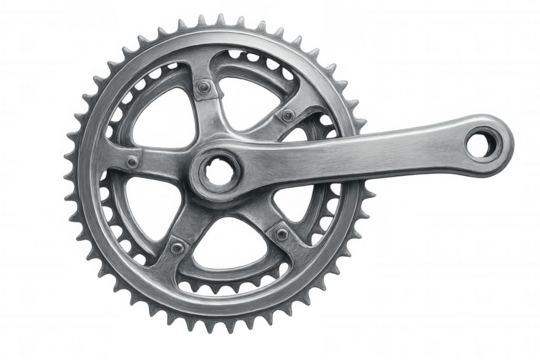 Metallic bicycle crankset rotating, generating power and transmitting force to the drivetrain, isolated on transparent background - Powered by Adobe