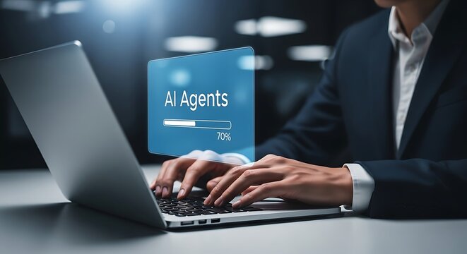 Businessman using laptop with AI agents loading screen in modern office environment