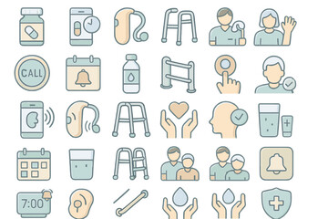Health and wellness icons depicting daily activities for senior care and support in a modern healthcare setting